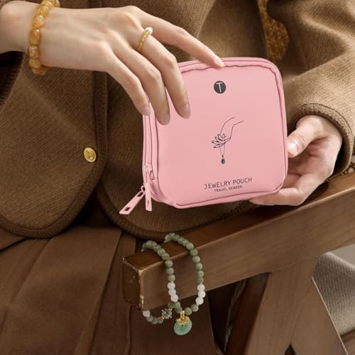 Image of MAYCREATE Travel Jewellery Organiser Pouch Small Bracelets Jwell Jewelry Organizer Pouch PU Jewellery Pouches with Zipper, Soft Velvet Compartments for Rings Earrings Necklaces (5x5inch, Pink)