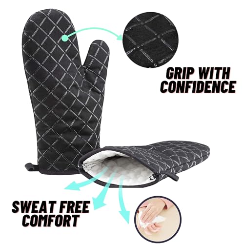 Oven Gloves Heat Resistant Mitts Superior Grip Non Slip Glove 28cm Long Black, 2 Pcs Oven Glove For Coooking,Baking,Grilling - Image 3