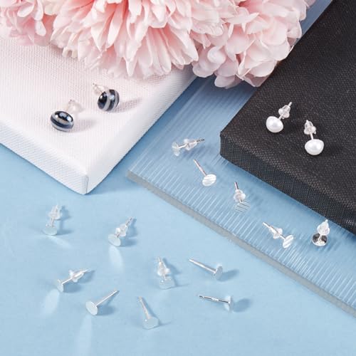 Beebeecraft 1 Box 20Pcs Flat Pad Stud Earring Settings 925 Sterling Silver Earring Cabochon Settings with 50pcs Ear Nuts and 1Pc Silver Polishing Cloth for DIY Jewellery Making Kit (Tray: 5mm) - Image 4