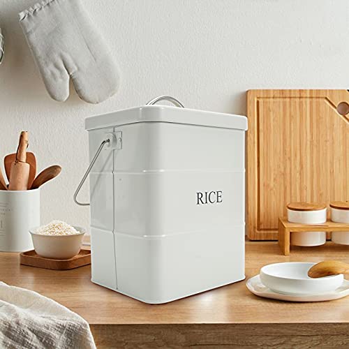 Xbopetda Metal Rice Storage Box, Square Rice Container With Lid And Handle, Sealed Food Storage Bin For Kitchen, Countertop Organizer Jar For Rice Flour Soybean Grain Cereal-White #TOP5