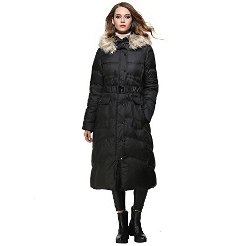Bldo Women's Long Thickened Fur Hooded Down Jacket With Sashes (M, Black) #TOP3