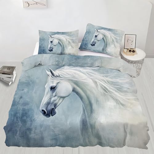 Juego de ropa de cama con diseño de caballo, tamaño King, funda de edredón con 2 fundas de almohada, elegante, suave, ligero, fácil cuidado para habitaciones de invitados de adultos (220 x 230 cm)