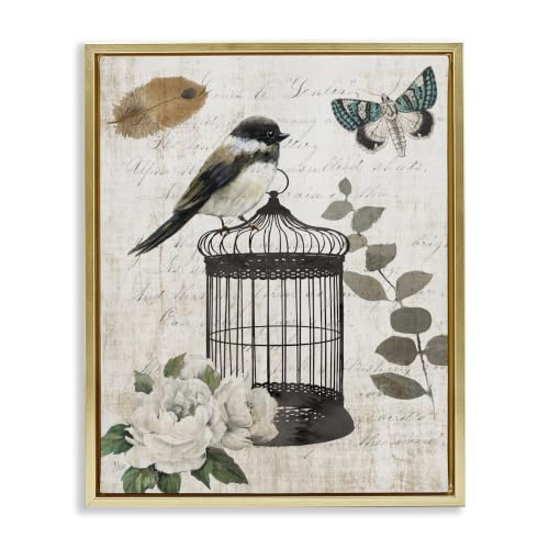Vintage Bird Cage Butterfly Floral, 25 x 31 Inch Canvas in Floater Frame