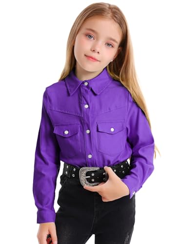 Girls Western Shirt Long Sleeve Collared Retro Button Down Snap Shirts for Teen Cowgirl Style Country Top 5-16 Years4