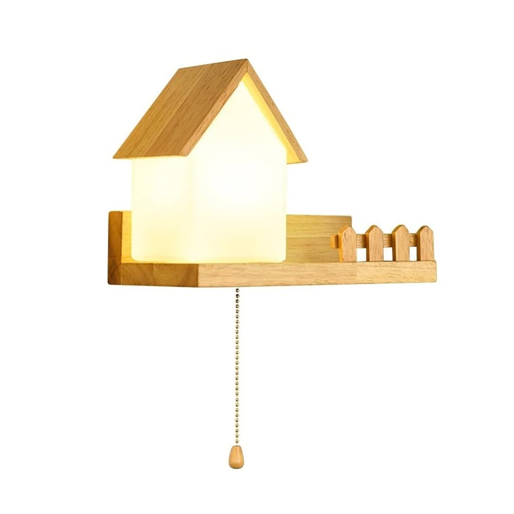 HXYSXHJUO Glass Bedside Wall Lamp Nordic Wood Sconce Creative Log House Shape Decor Lantern for Bedroom Living Room Study Dining Hallway Stairs Hall Restaurant(Left)
