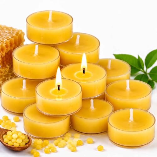 12 Pack Pure Beeswax Tea Light Candles-Natural Beeswax Tealight Candles-2 Hour Short Burn Time Tea Candle for Meditation Yoga Shabbat and Home Decor Air Purifying-Smokeless