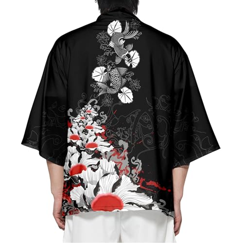 Image of DOSLAVIDA Men's Japanese Kimono Jacket Set Stylish Open Front Coat With Shorts Chinese Style Printed Cardigan Suit