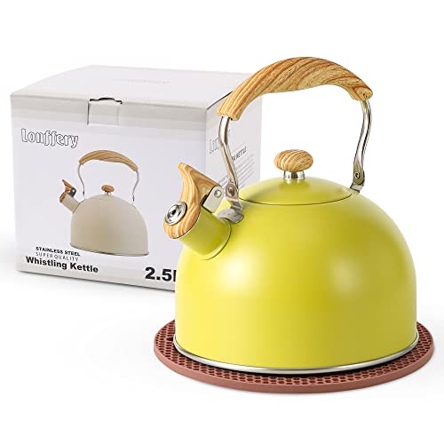 Lonffery Tea Kettle, 2.5 Quart Whistling Tea Kettle, Tea Pots For Stove Top Food Grade Stainless Steel With Wood Pattern Folding Handle - Yellow-Green #TOP10