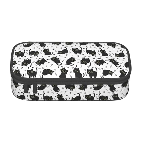 Image of Cute Black Cat Fish Bones Large Pencil Case With Zipper Compartments Stationery Pencil Bag For Kids Teens Students School Supplies