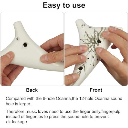 SENHAI Dolomite Ceramic 12-Hole Alto C Ocarina with Music Score, Lanyard, Protective Bag, Gift Box (White, Ink Bamboo)