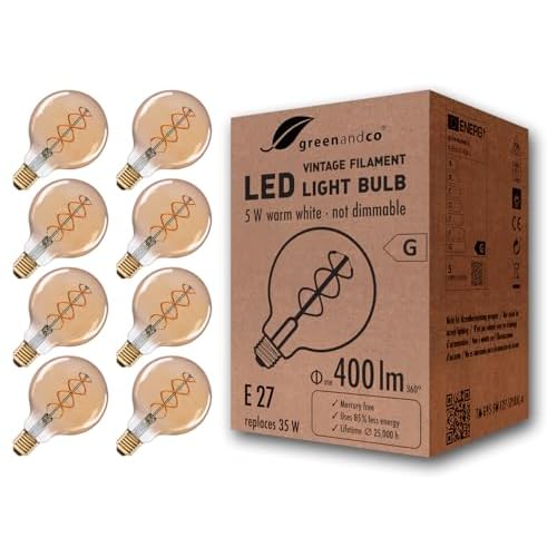 8x greenandco® Vintage Glühfaden LED Lampe ersetzt 25W E27 G95 5W 250lm 2000K extra warmweiß 360° 230V flimmerfrei, nicht dimmbar, 2 Jahre Garantie