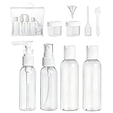 9 Stück Transparente Reiseflaschen Set, Reiseflaschen zum Befüllen, Flaschen Handgepäck, Enthält 4 Reisefläschchen (je 75 ml), 2 Tiegel mit Gesichtscreme, 1 kleinen Trichter, 1 Pipette und 1 Spatel
