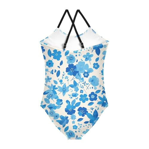 KLL Blue Flower Girls' 1 Piece Swimsuits Beach Swimming Suits Adjustable Shoulder Strap UPF 50+2