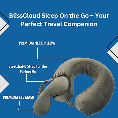 Image of BLISSCLOUD Memory Foam Travel Pillow for Neck Support with Supersoft Eye Mask for Sleeping with Adjustable Strap Combo, Full Comfert & Relaxing Travel Pillow & Eye Mask for Travel & Sleeping - Grey