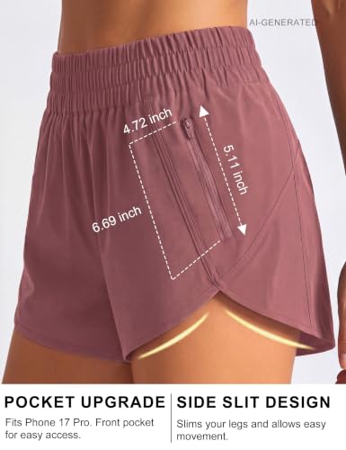Image of BMJL Women's Athletic Shorts Running Workout Shorts Gym High Waisted Summer Short with Waistband Pocket | built-in liner,thick elastic waistband,split side,comfy fabric,zipper pocket,longer back,workout,athletic,curved back line