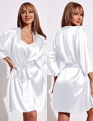 Ekouaer Nachthemden Damen Sommer Hochzeit Kurz Zweiteiliger Leicht Seiden Braut Morgenmantel Weiß S