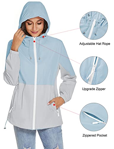 Tcot Womens Lightweight Rain Jacket Outdoor Raincoat Zipper Windbreaker Packable Anorak Jackets Light Blue/Gray 3Xl #TOP2