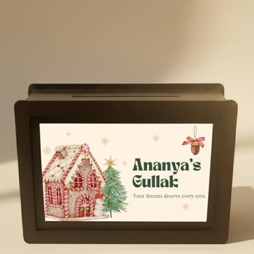 Image of Christmas Edition Personalized Money Bank Box | MDF Wooden Gullak 9x5.5 Inch | Secret Santa Gift for Brother, Sister, Son, Daughter, Friend, Kids, or Office