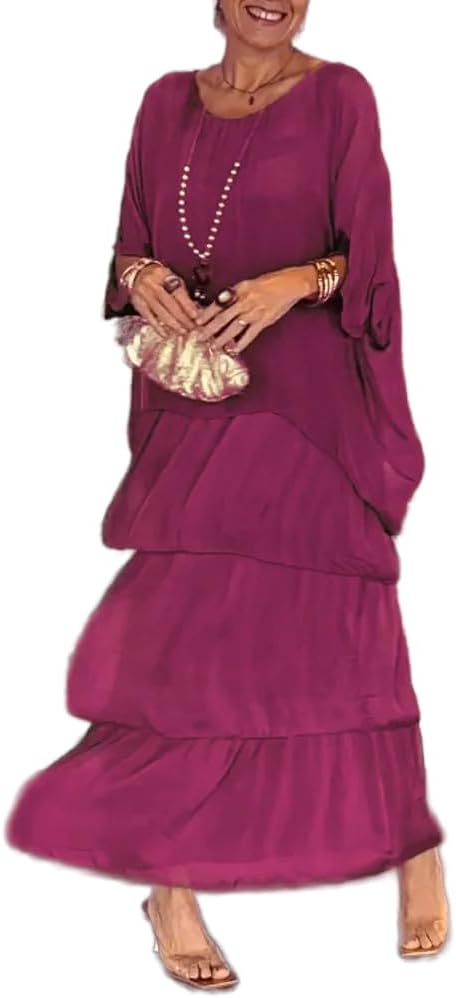 Women's Summer Elegant Artistic Chiffon Wedding Guest Maxi Dress 2 Piece Set Loose Cocktail Party Formal Long Dress