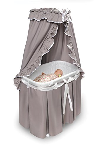 Badger Basket Majesty Canopy Bassinet - Rocking Baby Cradle with Mattress, Bedding Set, Storage Shelf, Caster Wheels, and Draped Canopy - Oval Nursery Sleeper - Gray/White