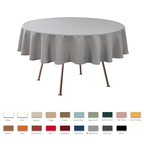 Image of maxmill Round Weaved Texture Design Tablecloth Spill-Proof Wrinkle Free Soft Washable Table Cloth for Circular Table Cover, for Dining Room Buffet Banquet Parties Holiday Dinner, 90 Inch Light Grey