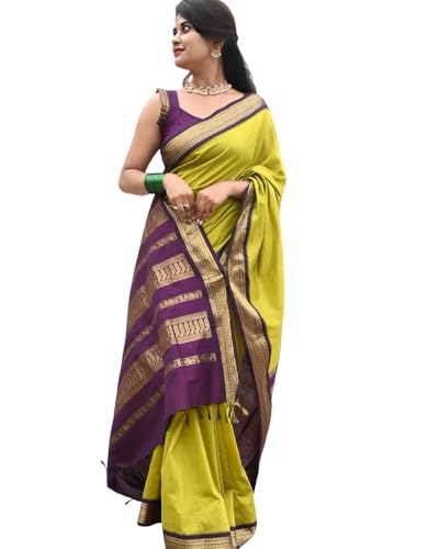 Image of Women's Kanjivaram Cotton Silk Saree South Indian Paithani Sari | gadwal cotton sarees with Zari Border and Blouse Piece - Suitable For All Indian Occasions and Festivals 191