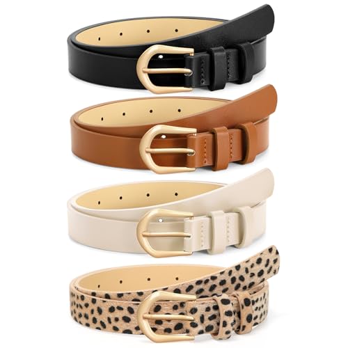 Image of VONMELLI 4 Pack Womens Thin Leather Belt Skinny Waist Belts for Women Fashion Jeans Dress with Gold Buckle