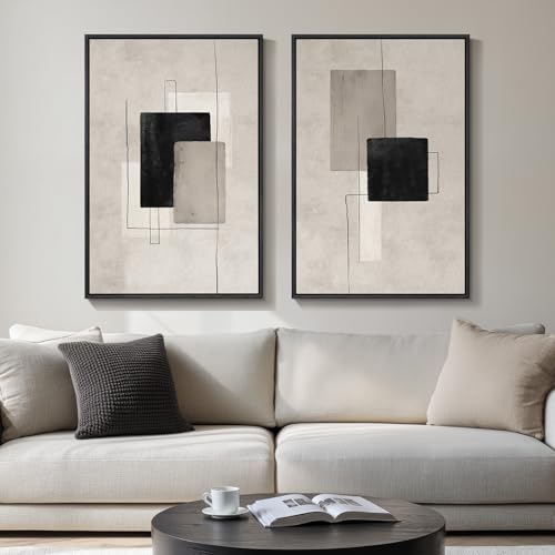 Large Framed Neutral Abstract Wall Art Set of 2, Black Beige Modern Canvas Prints Paintings Artwork for Walls, Minimalist Block Lines Pictures for Living Room Dining Room Bedroom Wall Decor 20x30 In
