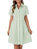 Rooscier Women's Collared Neck Striped Shirt Dress Button Down Short Sleeve Mini Dress Grass Green X-Small