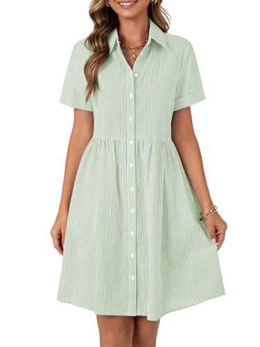 Rooscier Women's Collared Neck Striped Shirt Dress Button Down Short Sleeve Mini Dress Grass Green X-Small