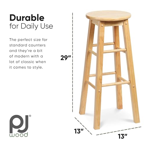 PJ Wood - Butacos de Madera Redondos de 29 pulgadas - Set de 2 piezas en color Natural | Asientos para mostrador, diámetro del asiento de 13 pulgadas, capacidad de 225 lb, diseño sin respaldo, base en forma de A, 8 reposapiés, requiere ensamblaje miniatura 3