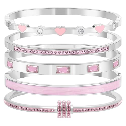 Pink Bangle Bracelets for Women, 18K Gold Plated Stackable Stainless Steel - Hypoallergenic Heart Bracelet for Friendship & Love, Perfect Jewelry Gift for Her