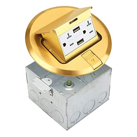 SELECT Lighting SLFB-PU-USB-BR 20A Pop Up USB Outlet Receptacles, Tamper Resistant Round Electrical Floor Box with Brass Cover, Retractable Recessed Socket for Countertops & Floors Cover