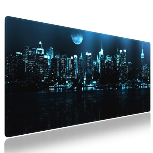 New York City Skyline Large Mouse Pad, NYC Night Landscape Blue Desk Mat