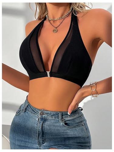SHENHE Women's Front Closure Halter Neck Plunge Bra Non Padded Contrast Mesh Bralette3