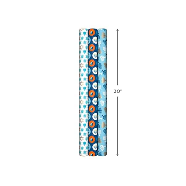   Hallmark-Tree-of-Life-Hanukkah-Wrapping-Paper-with-Cutlines-on-Reverse-3-Rolls-120-Sq-Ft-Total-Blue-and-Gold-Star-of-David-Menorahs-Candles-Dreidels