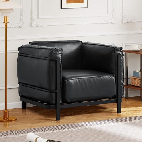 YUCHIATH black faux leather three-seater sofa on iron frame — showing the mid-century silhouette suited to office or apartment