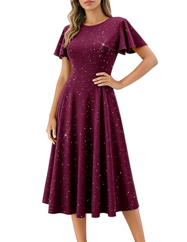 HomRain Plus Size Burgundy Sequin Dress Formal Wedding Guest Cocktail Evening Gowns Mother of The Bride A-Line Flare Sleeve Dress for Women 2XL