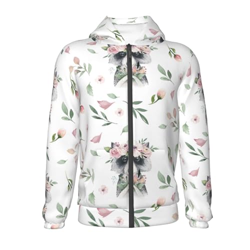 Watercolor Floral with Raccoon Kid Hoodies Boys Zip Up Sweatshirts Girls Pullover with Pocket2