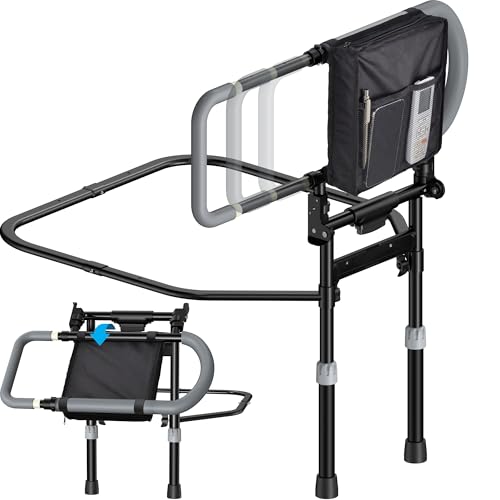 LyriFine Bed Rails for Elderly Adults Foldable Bed Rail for Elderly with Storage Pocket Extendable Handle Height Adjustable Bed Rails for Elderly with Floor Support Black
