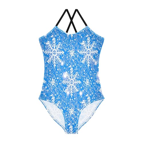 White Snowflakes Blue Swimming Suit for Girls, Summer Beach Apparel, 3-10 - Main Image