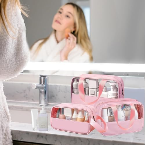 Image of KBS Toiletry Kit Cosmetic Makeup Storage Organizer Clear Styilish Wash Bag Pouch Set of 3 for Travel Luggage Transparent with Metal Zipper Gift for Men Women Girls (Pink)