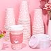Whaline 100 Pack Disposable Coffee Cups with Lids and Sleeves 16oz Pink Thickened Leak-Proof Paper Cups To Go Coffee Cups for Hot Cold Drink Cafes Shops Cappuccino Chocolate Beverage Cocoa