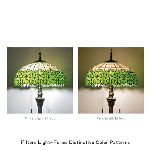 Image of Tiffany Style Floor Lamp, 16 inch Stained Glass Green Leaf Shade with Antique Bronze Base, 2-Light E26 Pull Chain Standing Reading Light for Living Room, Bedroom, UL Listed, 16x16x64 Inches