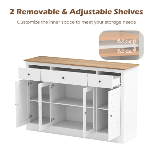 GiantexUK Wooden Buffet Sideboard – Spacious Kitchen Storage Cabinet with Adjustable Shelves, 3 Drawers & 2 Glass Doors, Freestanding Display for Dining or Living Room (White) - Image 5