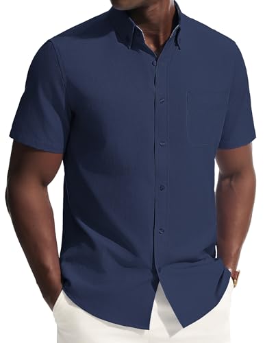 PJ PAUL JONES Mens Short Sleeve Oxford Shirts Smart Casual Business Shirts with Pocket Navy Blue L