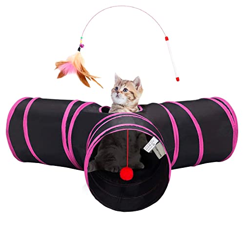 Image of Tempcore Cat Tunnel for Indoor Cats, 3 Way Collapsible Pet Play Tunnel with Teaser Wand, Peek Holes & Hanging Ball, Interactive Tube for Kittens & Rabbits, Black & Rose Red