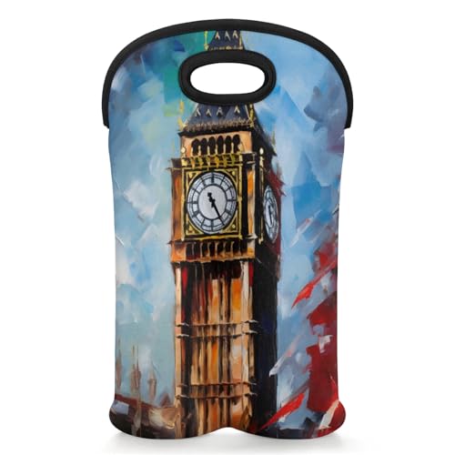 GzLeyigou 2 Bottles Big Ben Watercolor Wine Bag Sleeve Totes Neoprene Protective Wine Carrier Bag for Wine,Water, Champagne, Beer, Baby Bottles,Gift 14.5 x 10 Inches