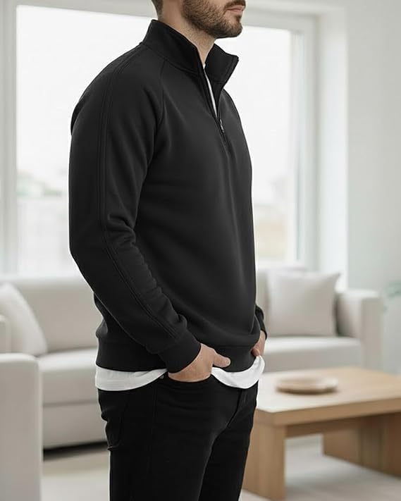 Image of Men's Quarter Zip Pullover Sweater with Contrast Stripe, Long Sleeve Athletic Casual Sweatshirt for Winter Wear, Black