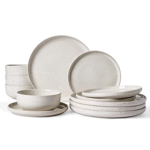 Image of Famiware Meteor Plates and Bowls Sets for 4, 12 Pieces Dinnerware Sets, Microwave and Dishwasher Safe Dishes Set, Creamy White